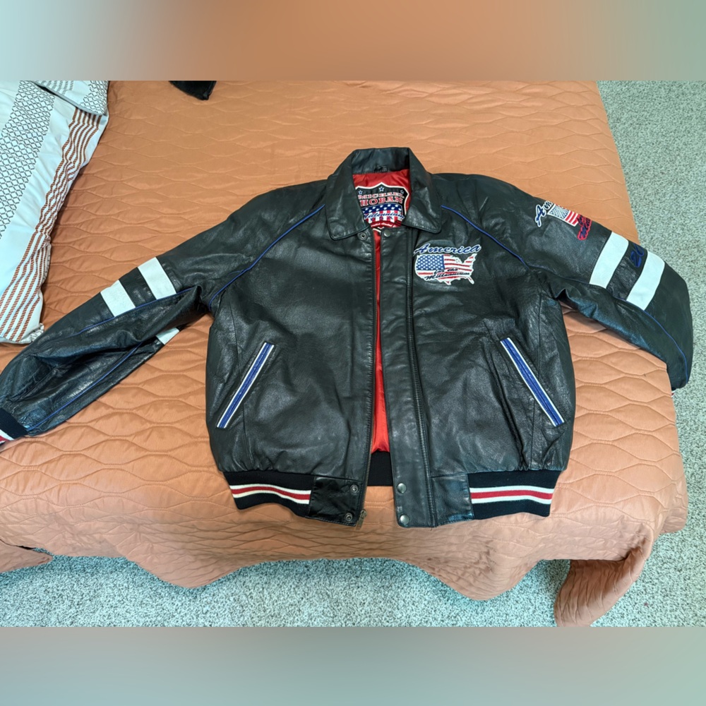 Michael Hoban Black Leather Bomber Jacket with Embroidered Accents